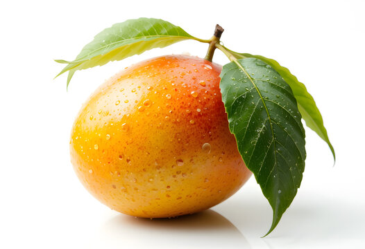 A close up of a ripe mango with leaves and water droplets on a white background in bright light