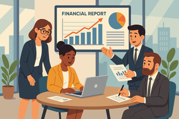 Diverse business team discussing financial report data analysis in modern office, teamwork strategy meeting, corporate collaboration, growth chart, pie graph, laptop, documents, workplace concept