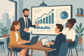 Diverse business team meeting in modern office, analyzing financial report, discussing growth strategy, reviewing data charts, teamwork collaboration, corporate planning, vector illustration