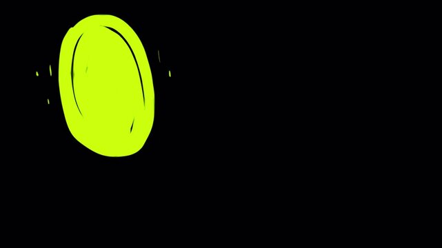 Bouncing green tennis ball on black screen. Hand-drawn 2D transition animation in 4K for sport scenes, motion effects, and playful edits.