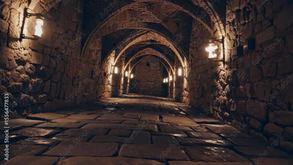 Poster low-angle video of a medieval stone corridor with arched ceilings and warm lanterns, creating a myst