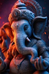 Lord Ganesha artistic sculpture on fiery backdrop