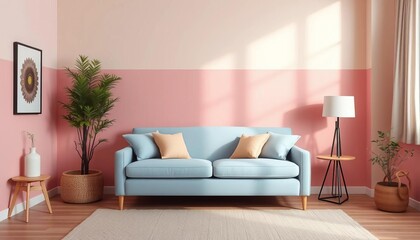 Soft blue sofa, pink & beige walls, minimalist decor Cozy pastel room, pink, airy