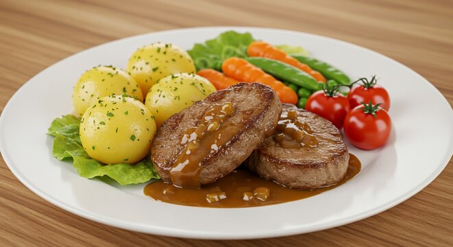 Two Seared Steaks with Gravy Potatoes and Vegetables on White Plate - Powered by Adobe