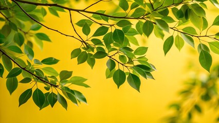 Leaves, green foliage, branch, minimal, vibrant yellow background, close-up, 4k, high quality, detailed, natural lighting , graphic background images