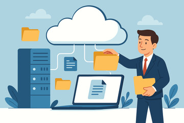 Cloud computing data storage management, businessman organizing digital files, online database server, secure document transfer, cloud technology, network backup system, vector illustration