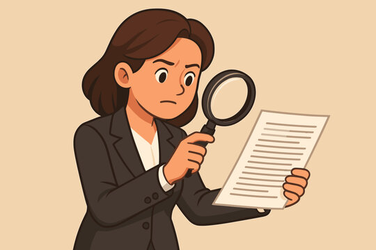 Focused businesswoman examining document with magnifying glass. Careful contract review, detailed analysis, legal audit, compliance check, investigation, cartoon vector illustration, office concept
