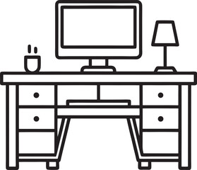 Workstation Illustration A Classic Desk with Monitor, Lamp, and Drawer Set Up for Productivity and Organization