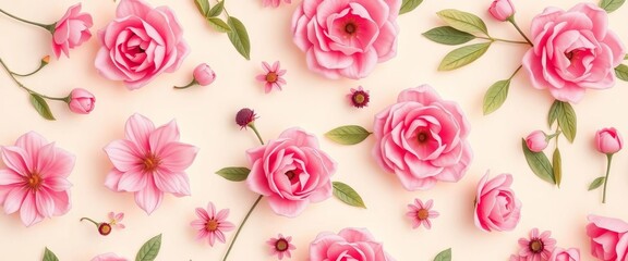 Delicate pink floral wallpaper, seamless cream background, pastel hues, stems, romantic