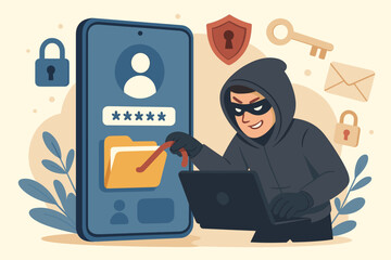 Hacker stealing personal data and password from mobile device. Cybercrime, phishing attack, and identity theft concept. Online fraud and mobile security breach. Vector illustration.