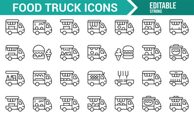 Icons representing food truck vendors, burgers, and snacks for use in food-related branding and design projects.