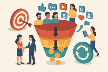 Isometric social media marketing funnel concept. Lead generation for target audience. Customer journey to sales conversion. Digital business growth, revenue and client retention strategy.