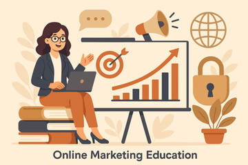 Businesswoman giving presentation on digital marketing strategy for business growth. Concept of online education, achieving goals, financial success, and secure global communication.