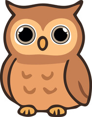 A cute cartoon owl with wide eyes and a rounded body, illustrated in a kawaii style with soft brown tones.