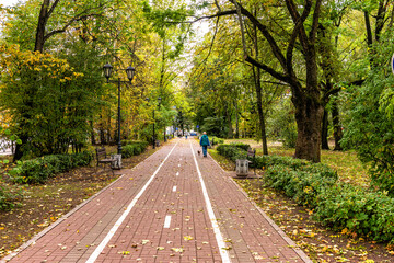 Autumn landscape of the alley in the Lenin Park in Vyborg