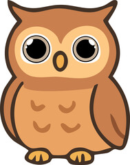 A cute cartoon owl with wide eyes and a rounded body, illustrated in a kawaii style with soft brown tones.
