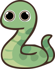 A kawaii-style cartoon snake with big round eyes and a soft green body coiled into a playful shape.