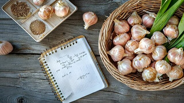 Freshly harvested garlic bulbs in a woven basket beside a notebook with handwritten notes