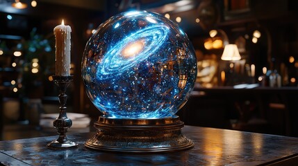 Crystal ball with celestial display on a dark table.