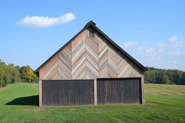Obraz premium Rustic barn stands proudly in a green field under a clear blue sky during late afternoon, showcasing unique wooden architecture and natural surroundings