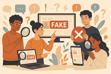 Media literacy concept with people identifying fake news. Group using magnifying glass for fact-checking and analyzing online information to counter misinformation and propaganda. Vector.