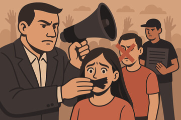 Censorship and suppression of free speech concept. Authoritarian man silencing woman with taped mouth. Propaganda and information control. Human rights violation, political oppression.