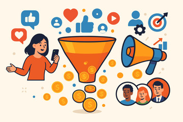 Social media marketing sales funnel concept. Digital advertising strategy for generating qualified leads and converting followers to loyal customers. Business promotion growth vector illustration.