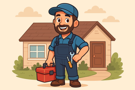 Handyman repair technician character with toolbox for home maintenance service. Friendly cartoon worker, plumber, or mechanic mascot standing in front of a house. Vector illustration concept.