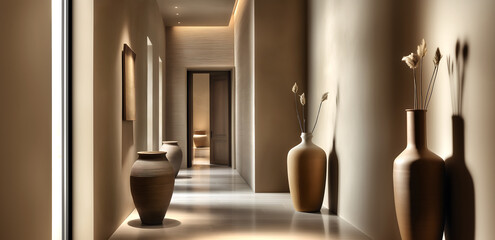 Creative interior concept. Front-view of a luxury entry foyer hallway entryway with warm sand tone and sculptural vases, long window sunlight shining. Template for product presentation. Mock up