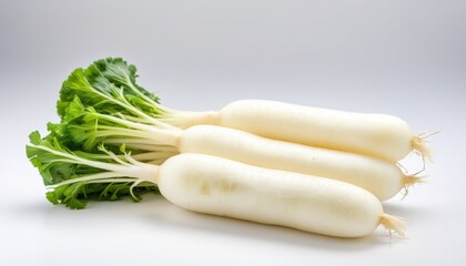 white daikon with green leaves on a white surface. A simple and fresh still life, perfect for culinary projects and healthy eating.