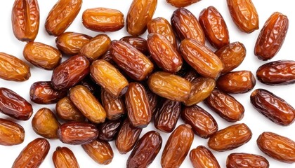Obraz premium Shiny dates on a white background, ranging from dark brown to amber in color. The perfect still life for culinary projects and healthy eating.