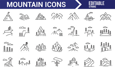 Fototapeta na wymiar Icons of mountains, summits, and outdoor landscapes, perfect for adventure, hiking, and nature themes.