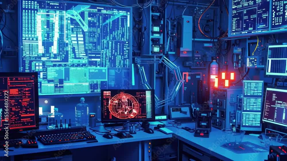 Poster high-tech control room filled with screens and glowing interfaces used for data analysis and monitor