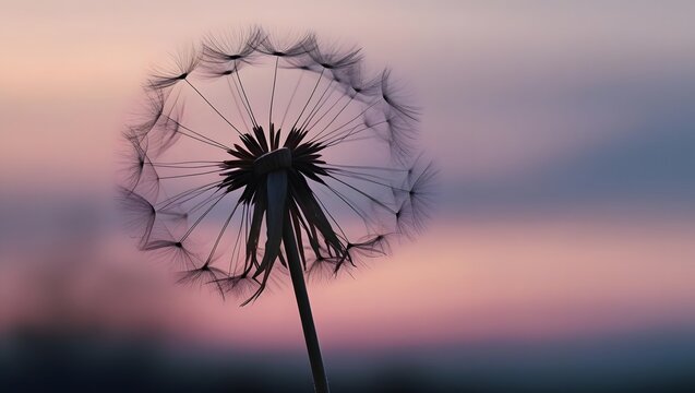 Dandelion's Delicate Dance at Sunset: A close-up captures the intricate beauty of a dandelion clock against a pastel sky, its seeds poised for a gentle dispersal