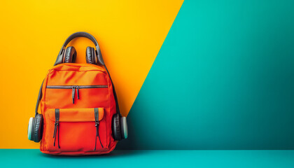 Orange Backpack Headphones on Teal and Yellow Background