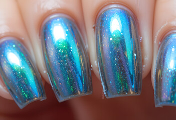 Close-up of holographic chrome manicure on long nails