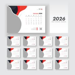 2026 desk calendar on English language. Calendar planner design template. Desk calendar with week start Sunday. Vector layout of a desk calendar 2026.