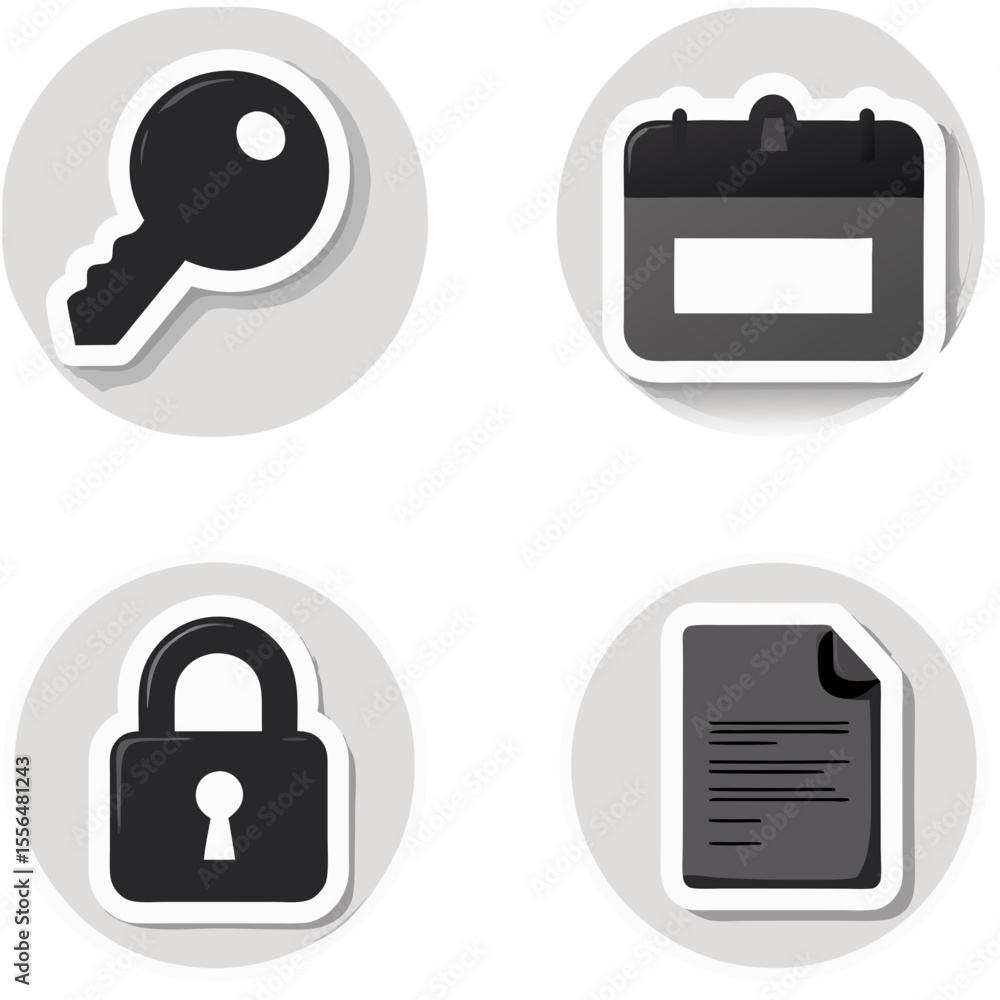 Poster icons representing security and document management including key padlock and paper file
