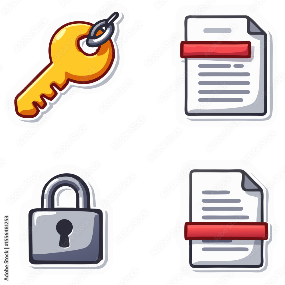 Poster set of digital icons representing security access and document management including a key lock and