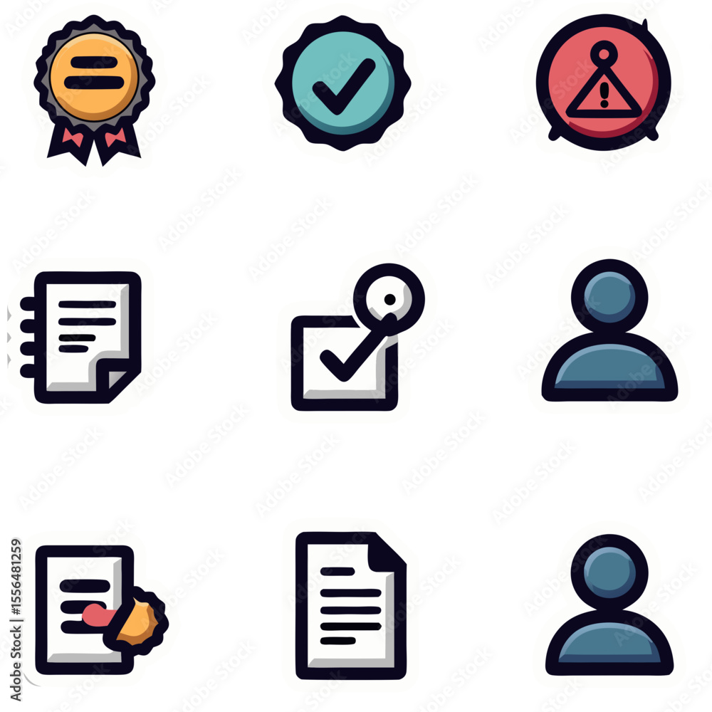 Poster collection of achievement and verification icons representing success and completion in digital