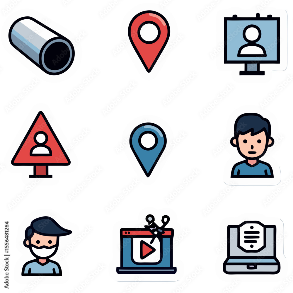 Poster collection of navigation and safety icons representing maps and communication tools
