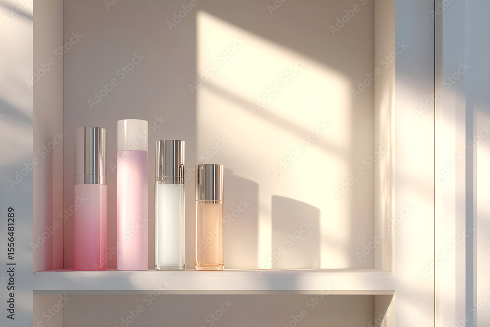 Poster elegant collection of cosmetic bottles in soft pastel colors displayed on a minimalist shelf, illumi