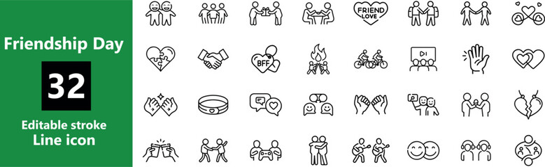 Vector art of a collection of 32 friendship day icons features various line art illustrations depicting friendship themes such as hearts, handshakes, and friends spending time together