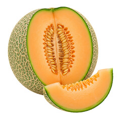 Fresh cantaloupe melon half and slice isolated on transparent background isolated on white background