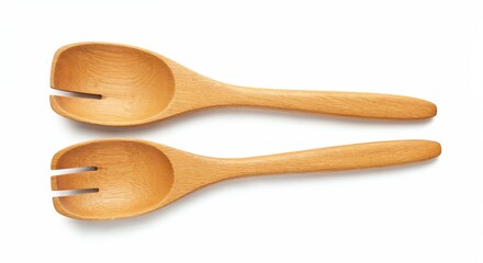 Wooden salad tongs isolated on white, top-down view, natural finish, smooth edges, photorealistic