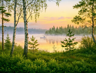 Obraz premium Tranquil sunset over lake with fisherman in a small boat 