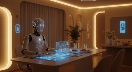 Robot works at glowing interface table