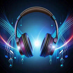 A headphone illustration with a flowing music
