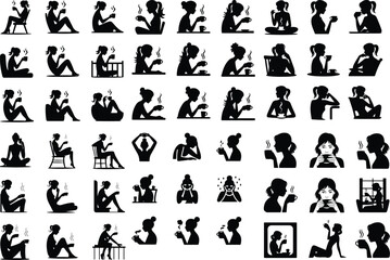 Girl Drinking Coffee Silhouette Set – Stylish Morning Icon Collection Coffee Lover Female Vector Icons – Minimal Girl & Hot Drink Design