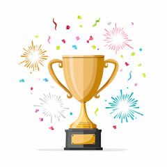 A trophy cup with confetti and sparkles
